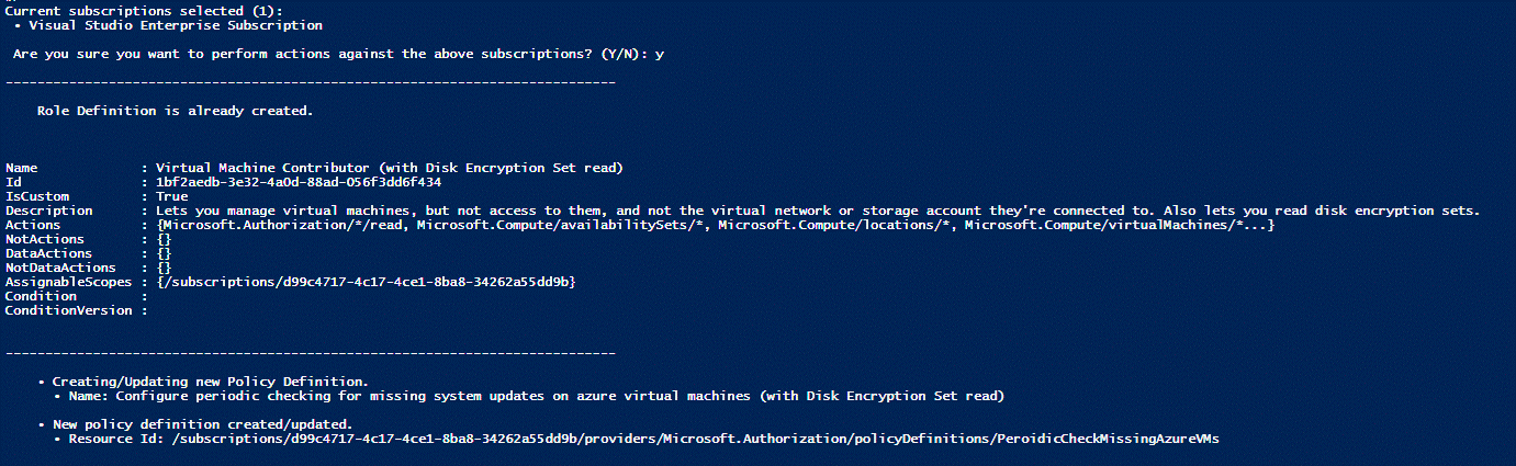 VM Management Role and Update Compliance Policy Setup Script Output