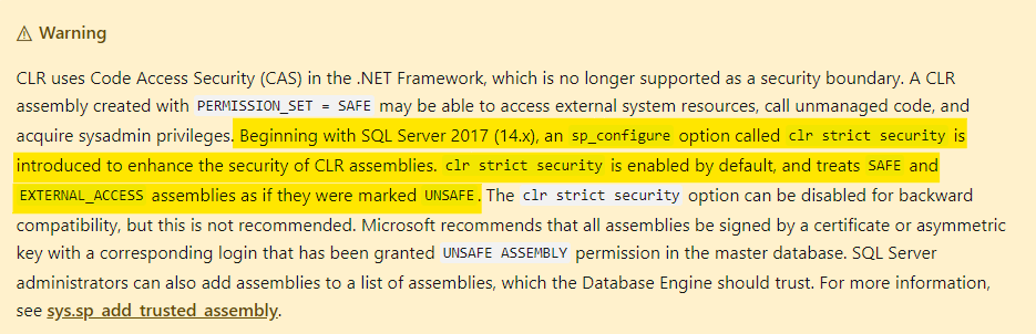 CLR SQL 2017 documentation highlight