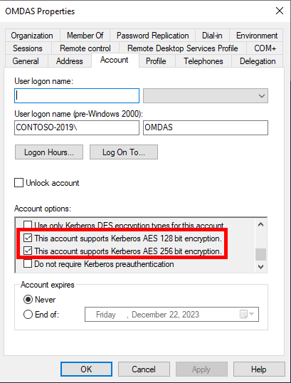 Example of Kerberos AES encryption support checkboxes (OMDAS)