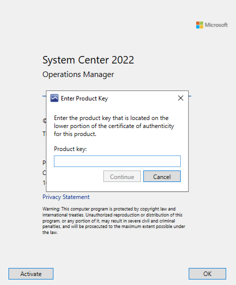 SCOM Console Activation - Activation Window